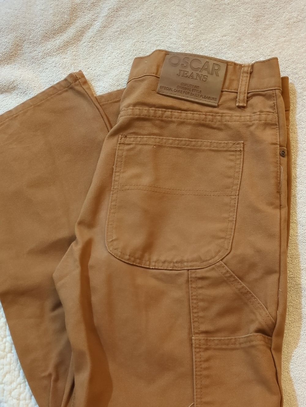 Oscar Jeans Tan Utility Work Pants with Patch Pockets.  Zipper Front And Button